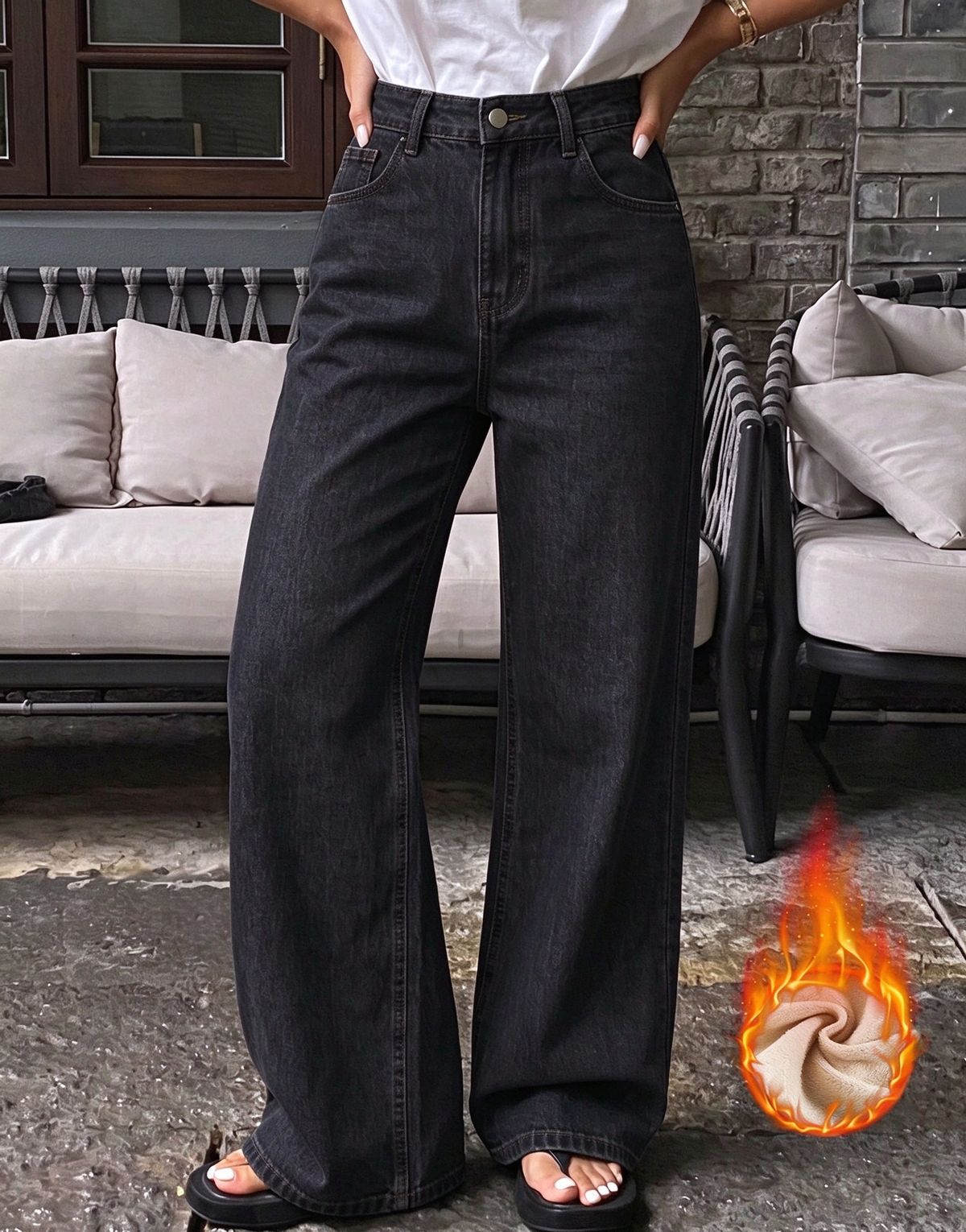 Fleece Lined Elastic Back High Waist Wide Leg Jeans - Black - 2