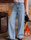 Fleece Lined Elastic Back High Waist Wide Leg Jeans - Blue