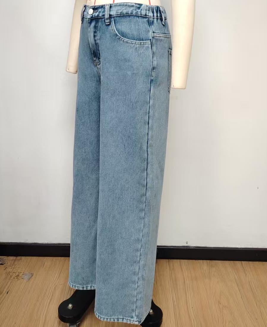 Fleece Lined Elastic Back High Waist Wide Leg Jeans - Blue - 3