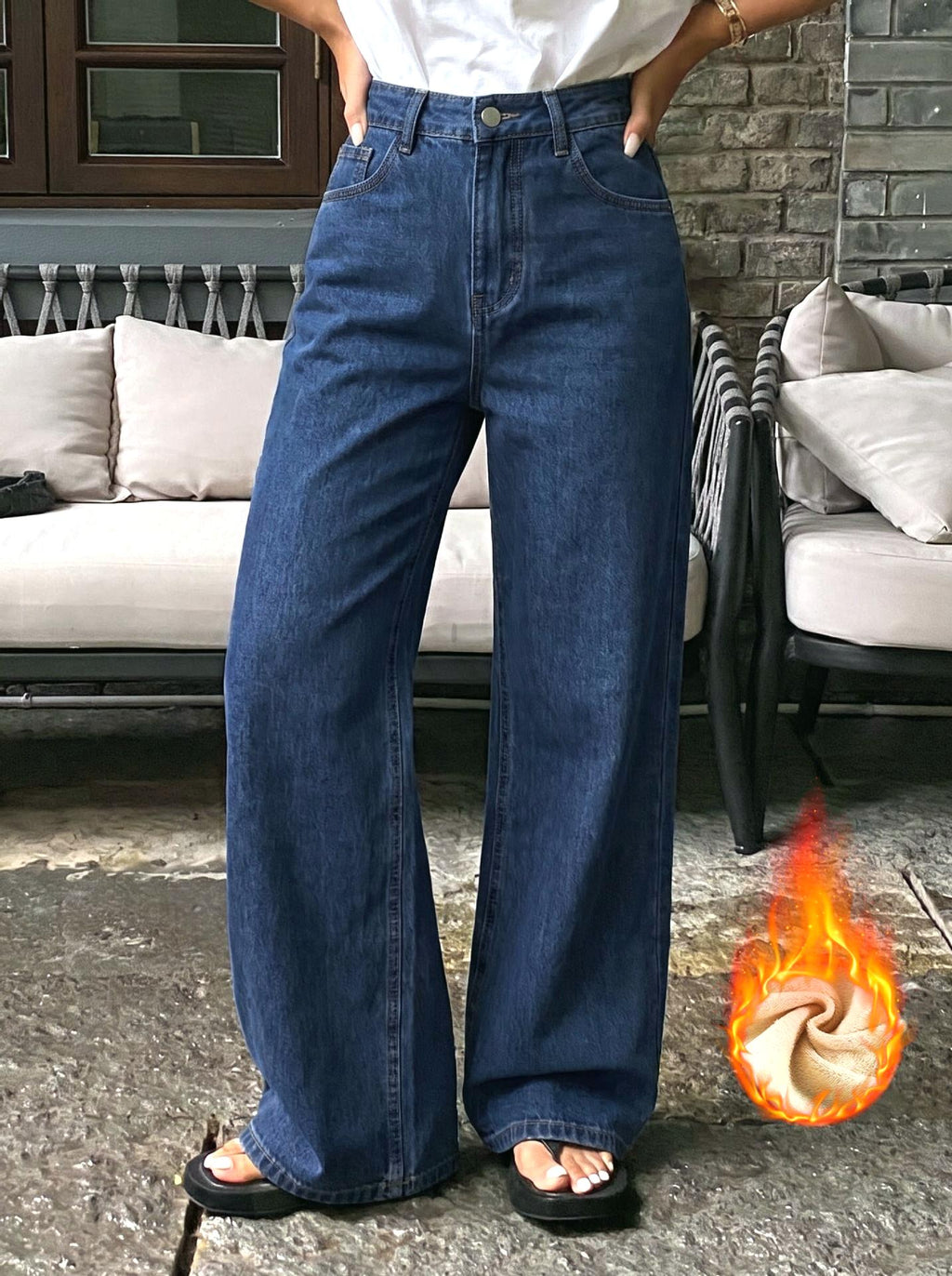 Fleece Lined Elastic Back High Waist Wide Leg Jeans - DarkBlue - 1