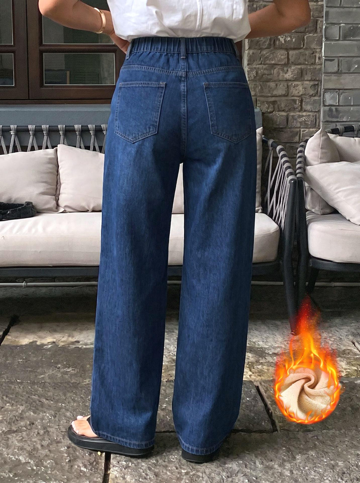 Fleece Lined Elastic Back High Waist Wide Leg Jeans - DarkBlue - 2