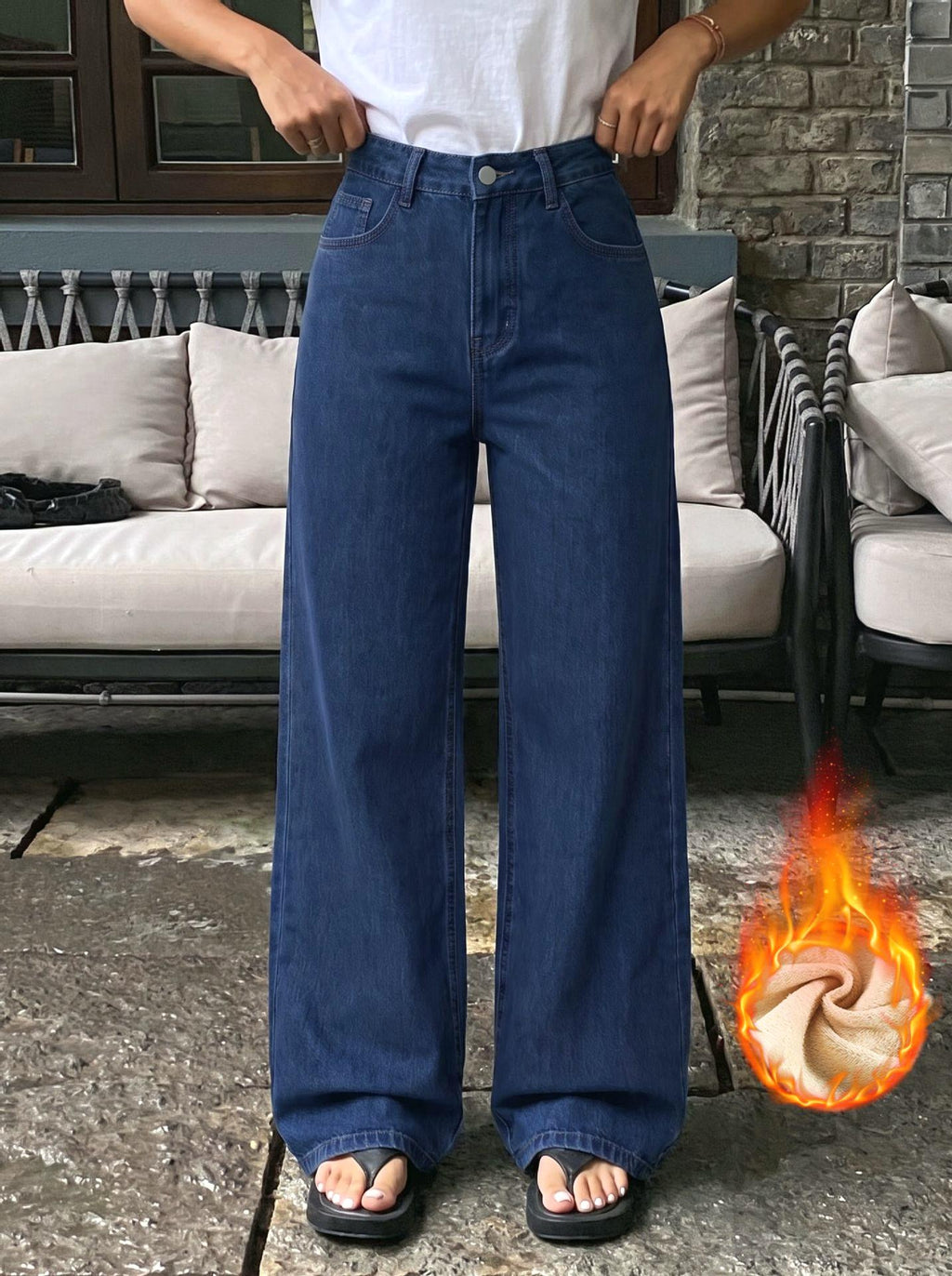 Fleece Lined Elastic Back High Waist Wide Leg Jeans - DarkBlue - 3