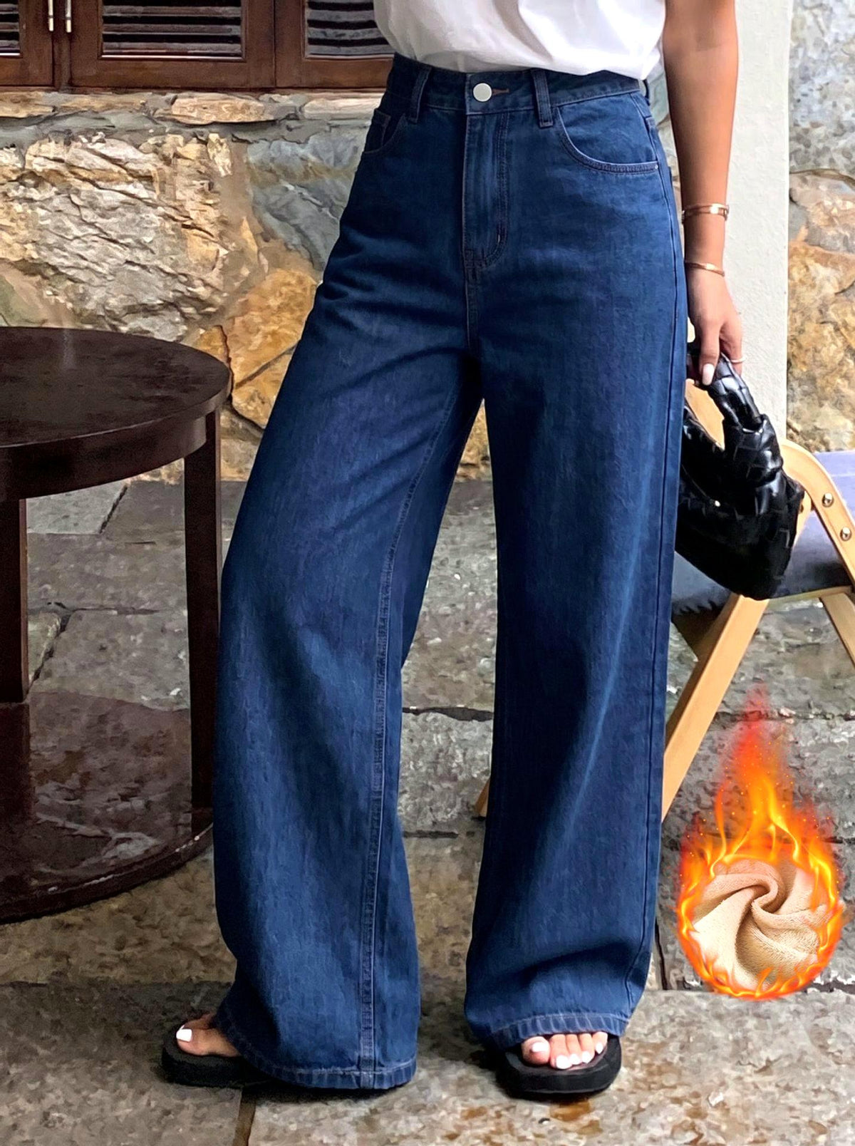 Fleece Lined Elastic Back High Waist Wide Leg Jeans - DarkBlue - 4