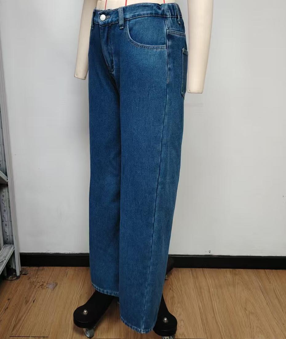 Fleece Lined Elastic Back High Waist Wide Leg Jeans - DarkBlue - 5