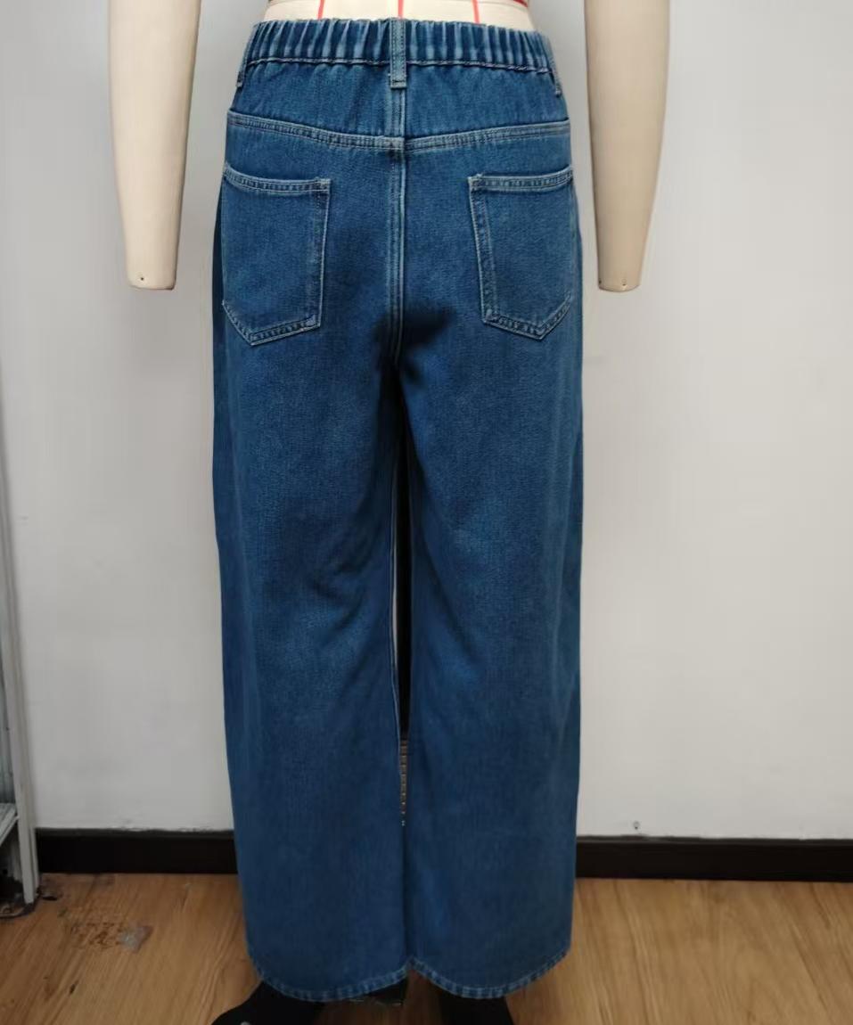 Fleece Lined Elastic Back High Waist Wide Leg Jeans - DarkBlue - 6