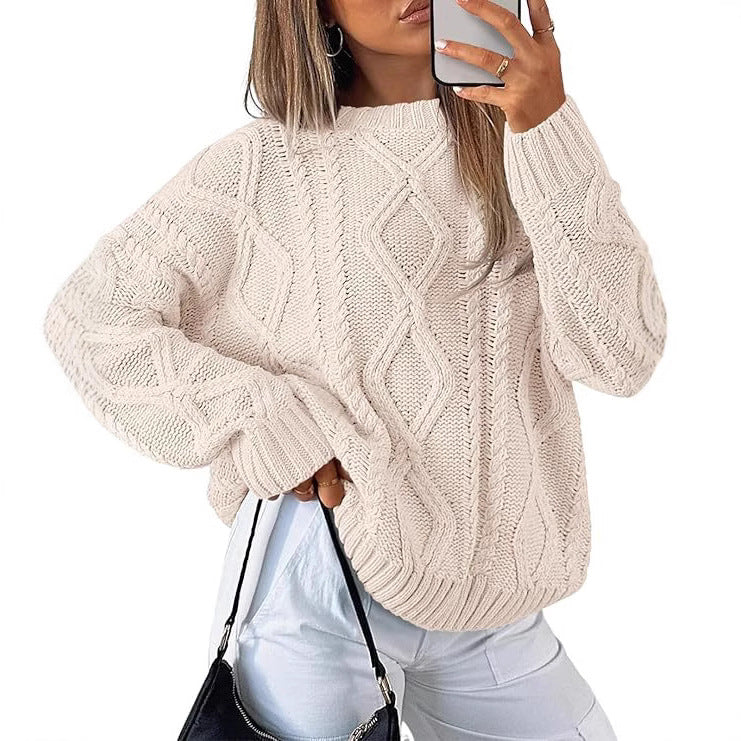 Chunky Cable Knit Slouchy Crew Pullover - Apricot