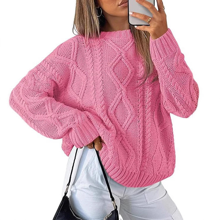 Chunky Cable Knit Slouchy Crew Pullover - Pink
