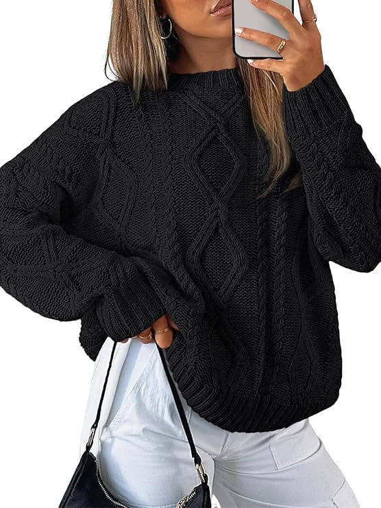 Chunky Cable Knit Slouchy Crew Pullover - black