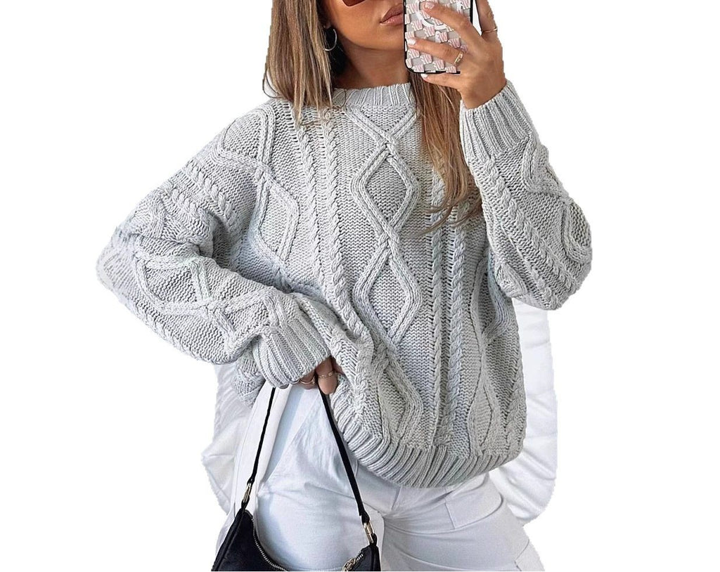 Chunky Cable Knit Slouchy Crew Pullover - grey
