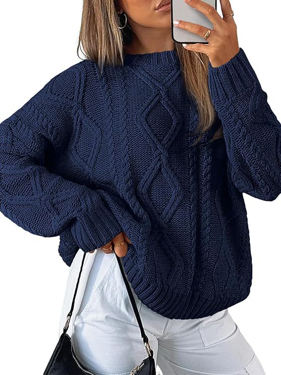 Chunky Cable Knit Slouchy Crew Pullover - navy