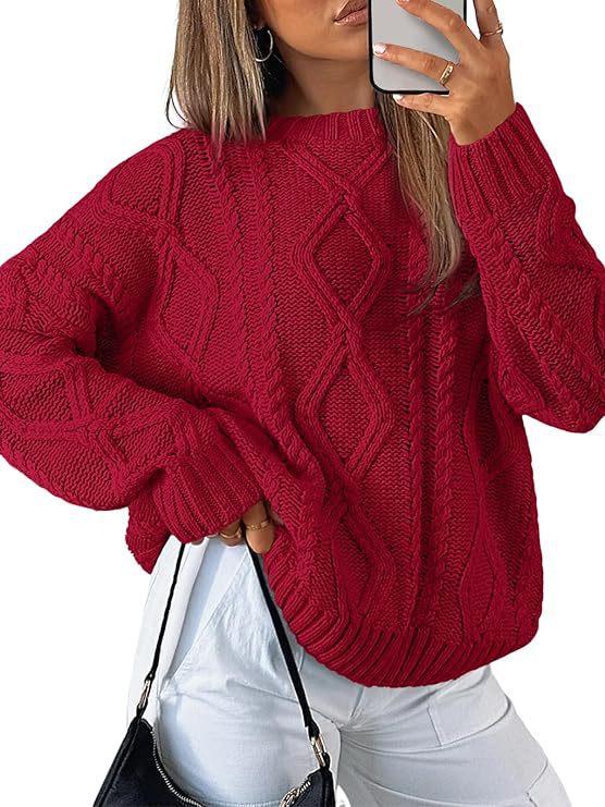 Chunky Cable Knit Slouchy Crew Pullover - red