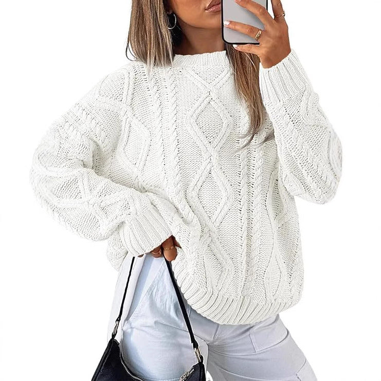 Chunky Cable Knit Slouchy Crew Pullover - white