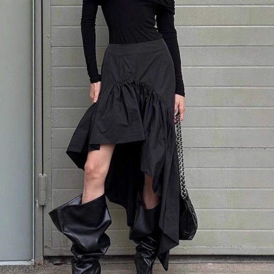High Waist Ruffle Hem High Low Skirt - Black