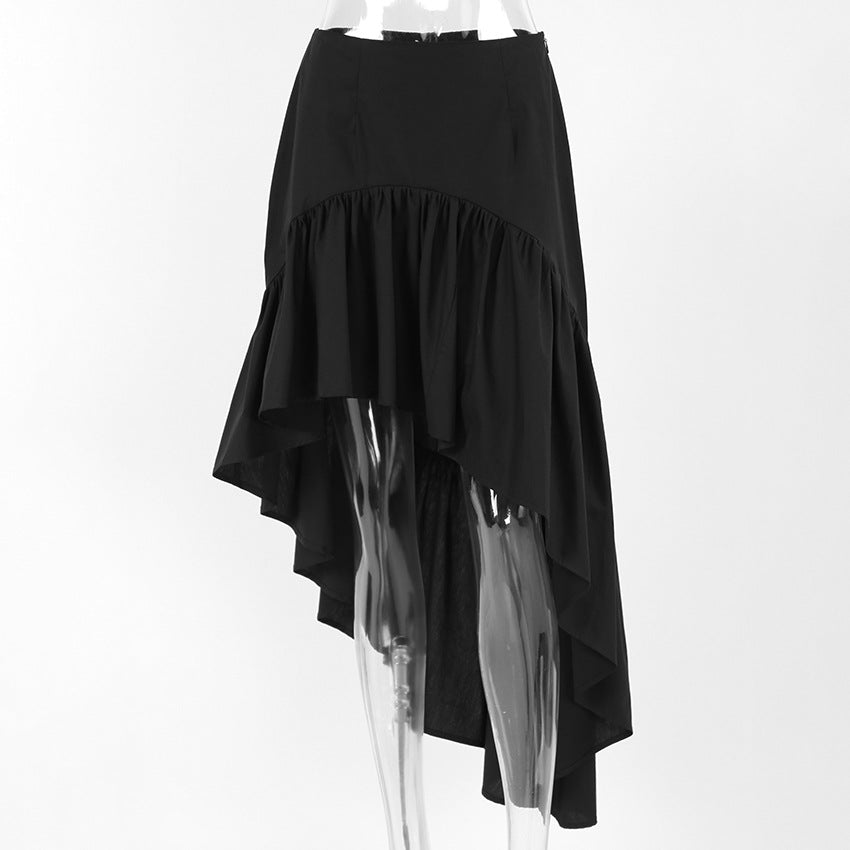High Waist Ruffle Hem High Low Skirt - Black - 1