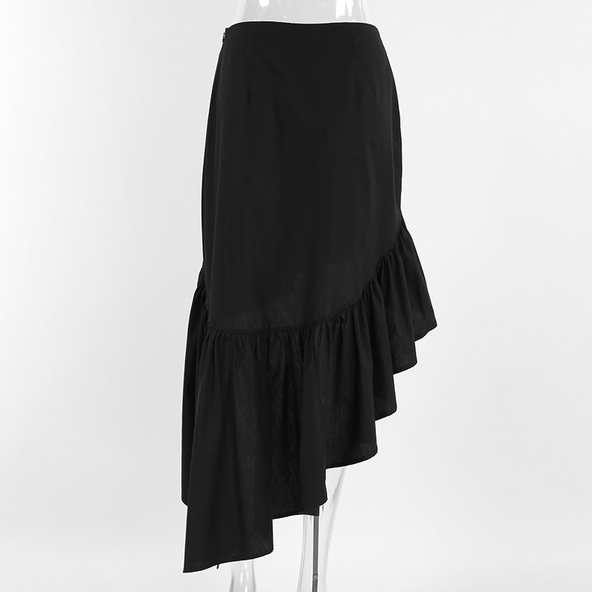 High Waist Ruffle Hem High Low Skirt - Black - 2