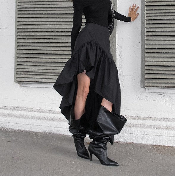 High Waist Ruffle Hem High Low Skirt - Black - 5