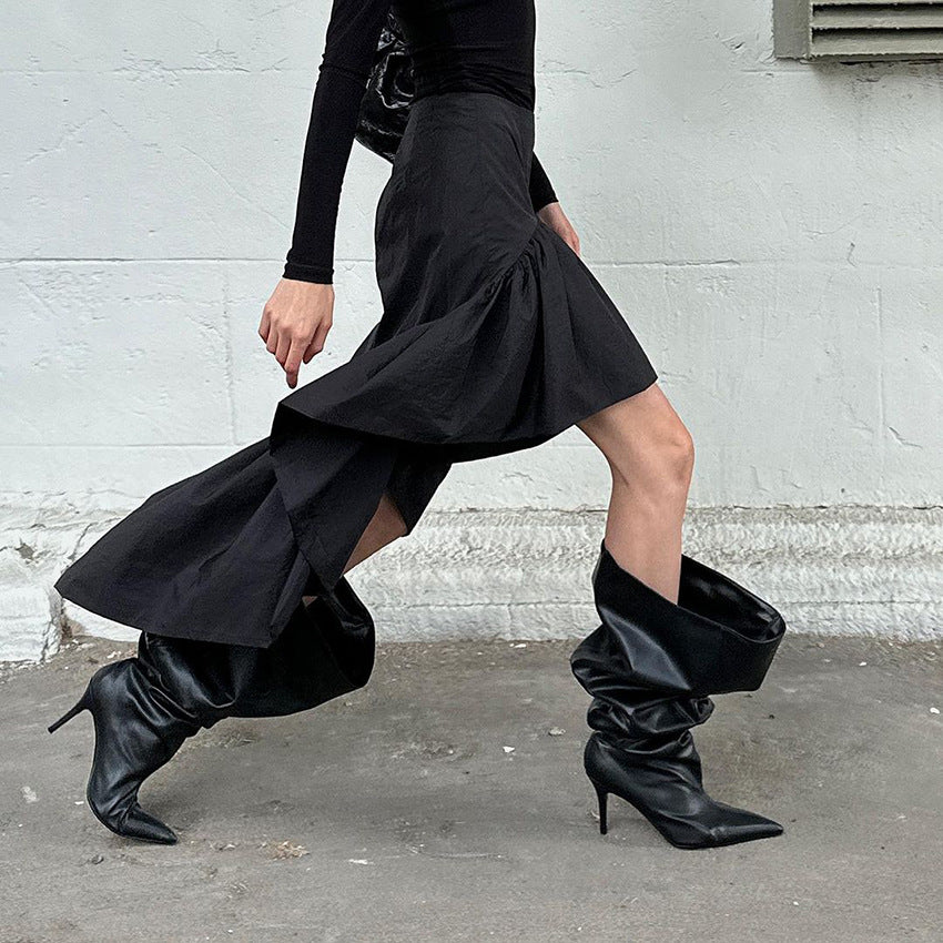 High Waist Ruffle Hem High Low Skirt - Black - 6
