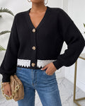 Cropped Lace Trim V-Neck Knit Cardigan - Black