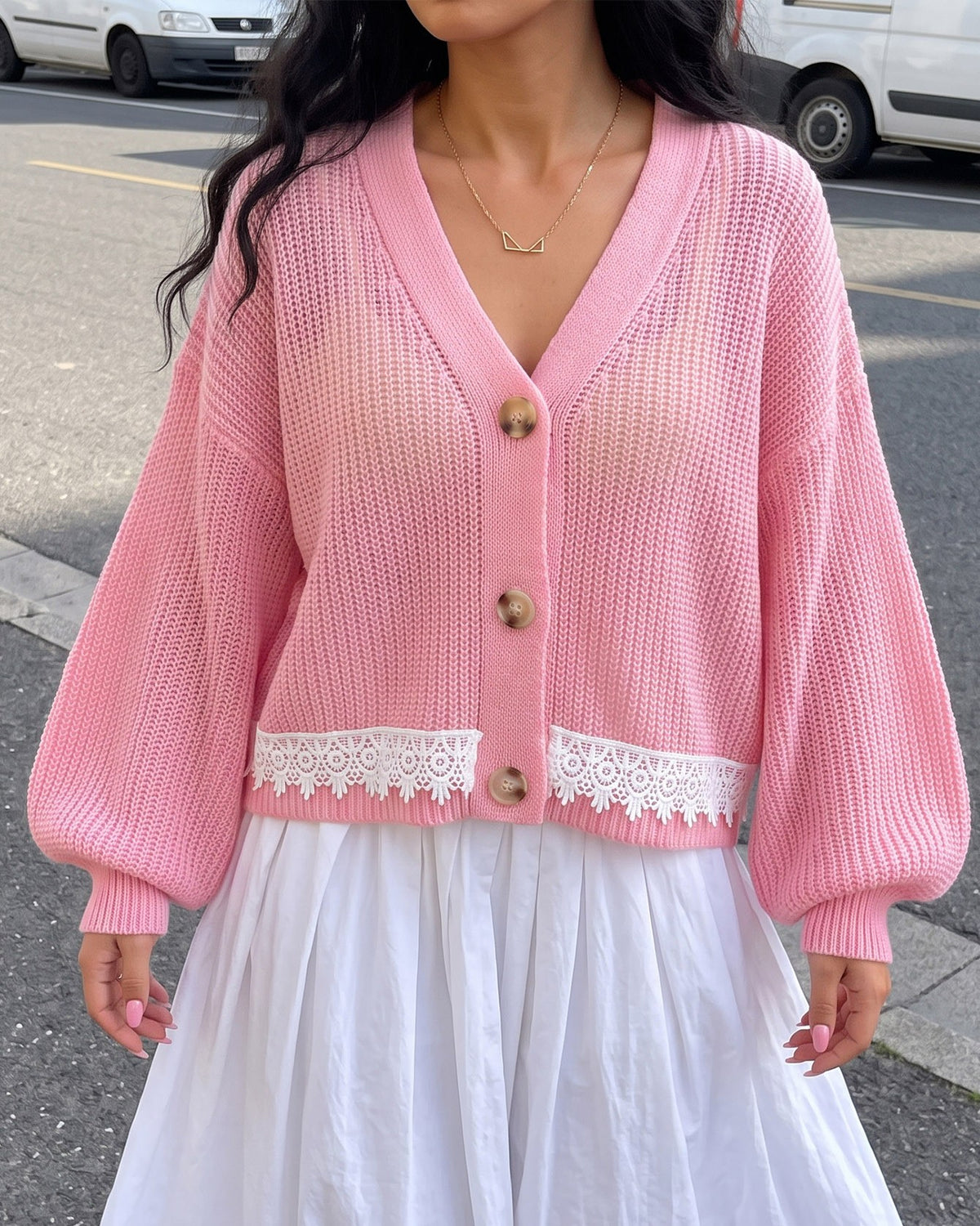 Cropped Lace Trim V-Neck Knit Cardigan - Pink