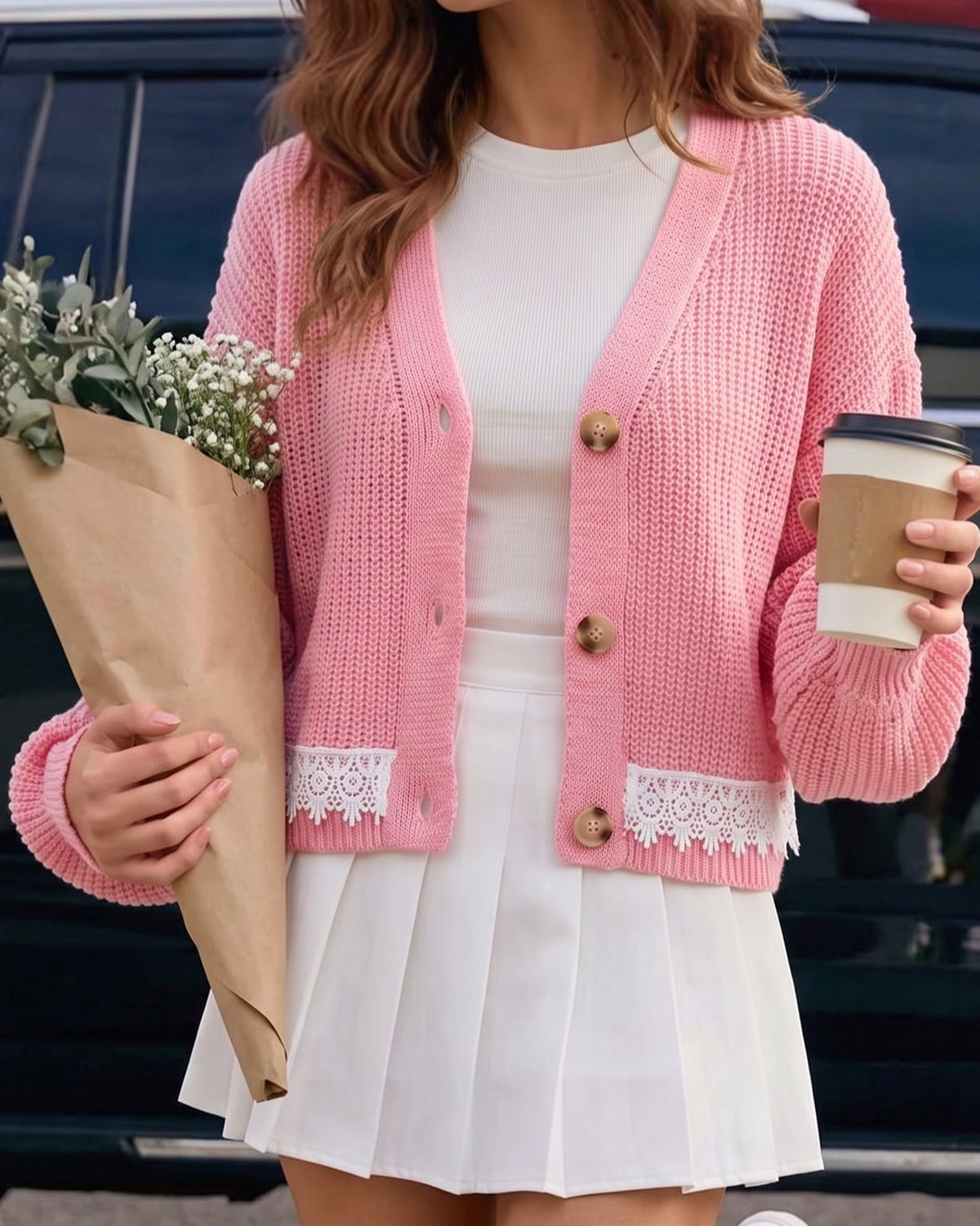 Cropped Lace Trim V-Neck Knit Cardigan - Pink - 1