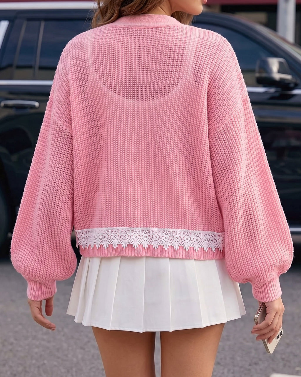 Cropped Lace Trim V-Neck Knit Cardigan - Pink - 2