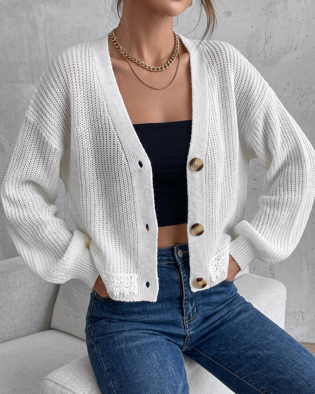 Cropped Lace Trim V-Neck Knit Cardigan - White