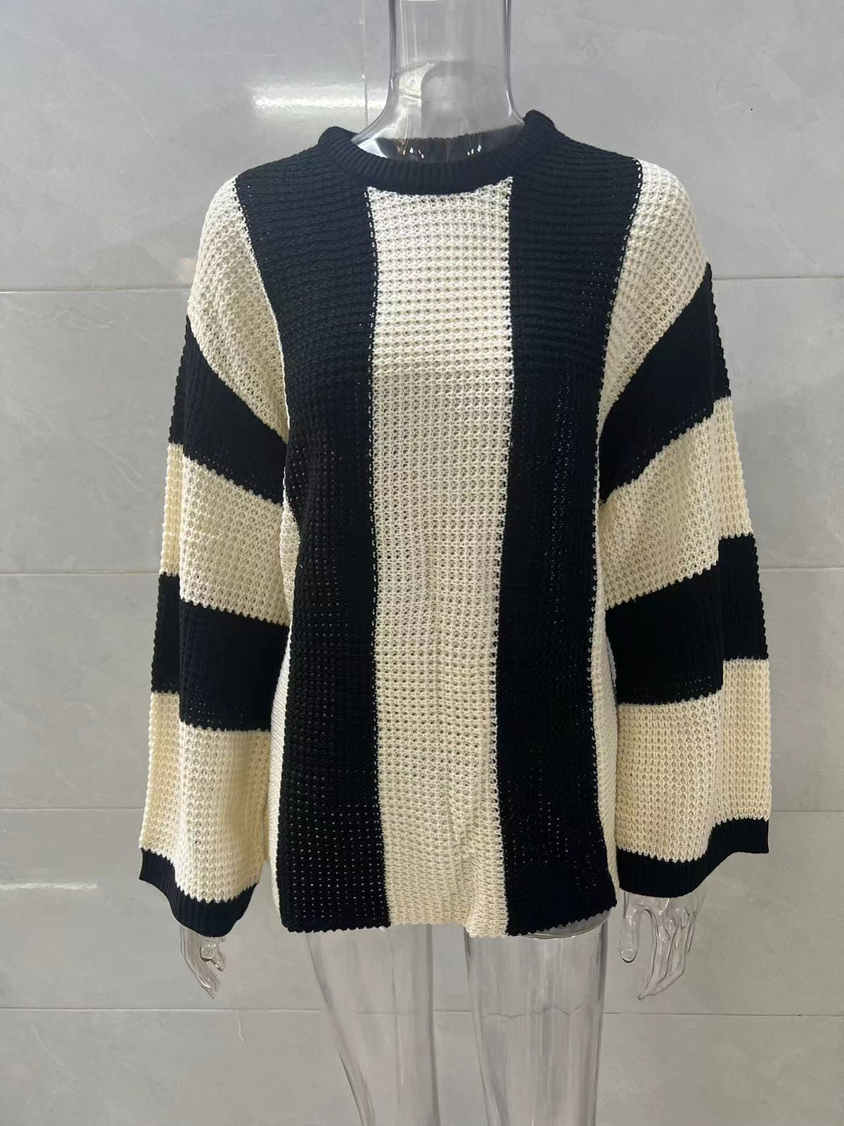 Contrast Panel Balloon Sleeve Knit Sweater - Apricot
