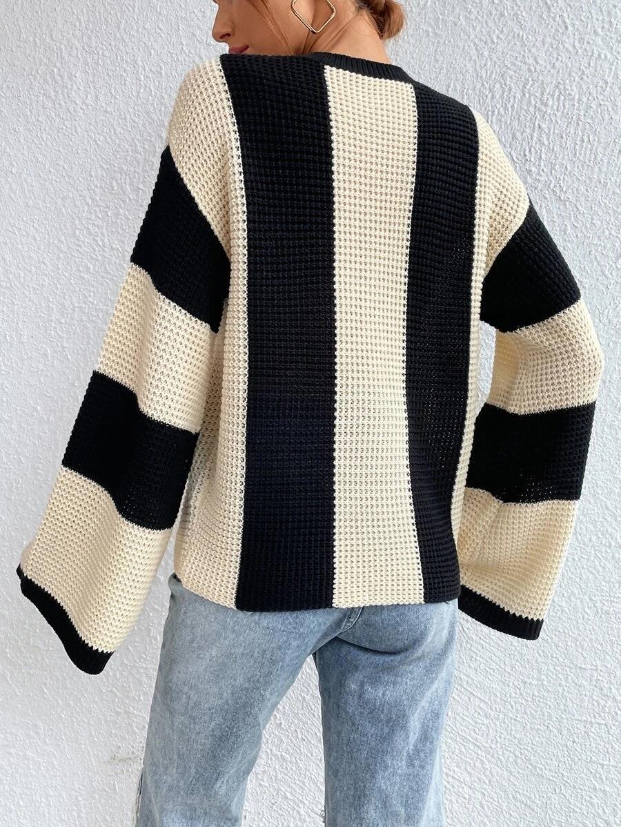 Contrast Panel Balloon Sleeve Knit Sweater - Apricot - 1