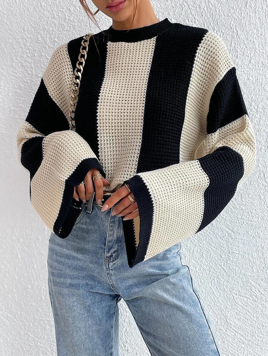 Contrast Panel Balloon Sleeve Knit Sweater - Apricot - 3