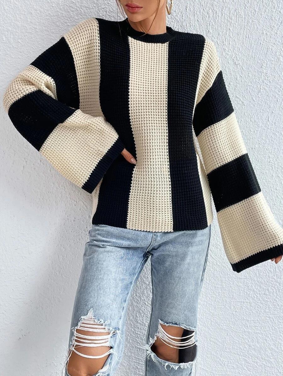 Contrast Panel Balloon Sleeve Knit Sweater - Apricot - 4