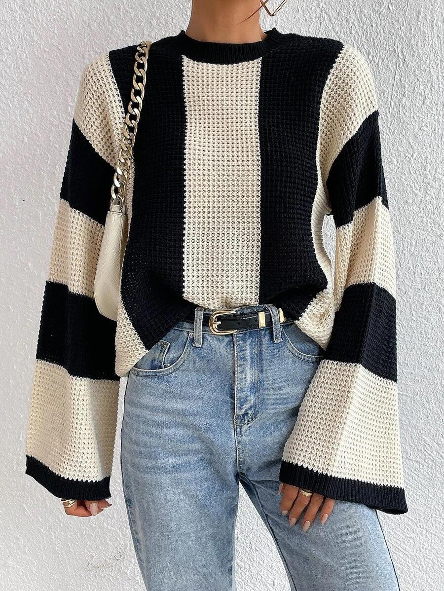 Contrast Panel Balloon Sleeve Knit Sweater - Apricot - 6