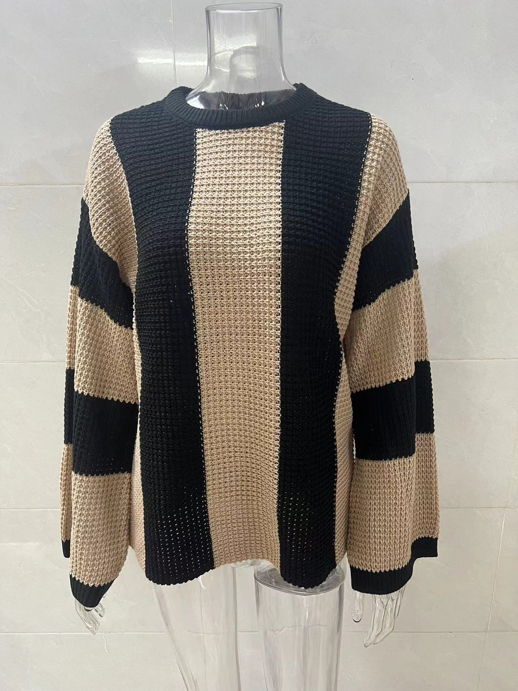 Contrast Panel Balloon Sleeve Knit Sweater - Khaki