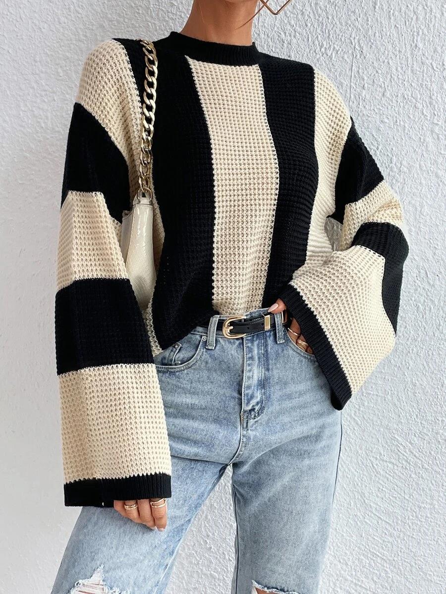 Contrast Panel Balloon Sleeve Knit Sweater - view 1