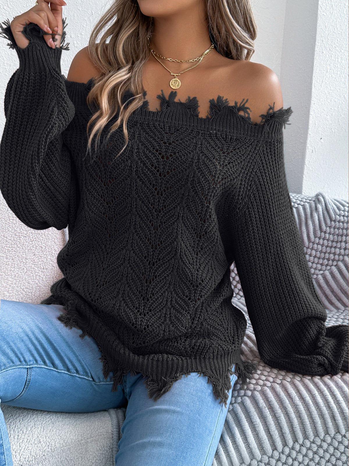 Frayed Trim Off Shoulder Pointelle Sweater - Black