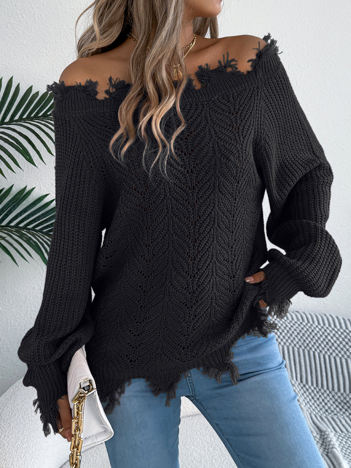 Frayed Trim Off Shoulder Pointelle Sweater - Black - 1