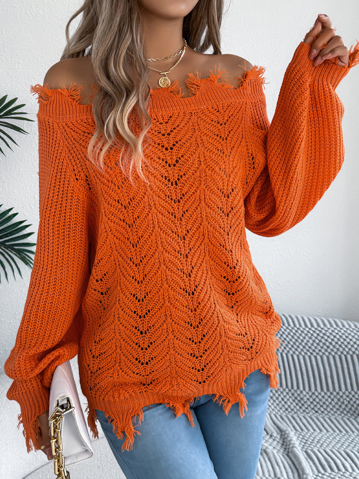 Frayed Trim Off Shoulder Pointelle Sweater - Orange
