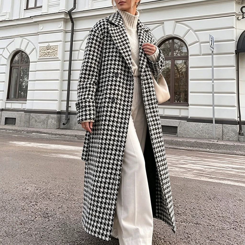 Houndstooth Wool Blend Belted Oversized Longline Coat - Black