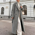 Houndstooth Wool Blend Belted Oversized Longline Coat - Black