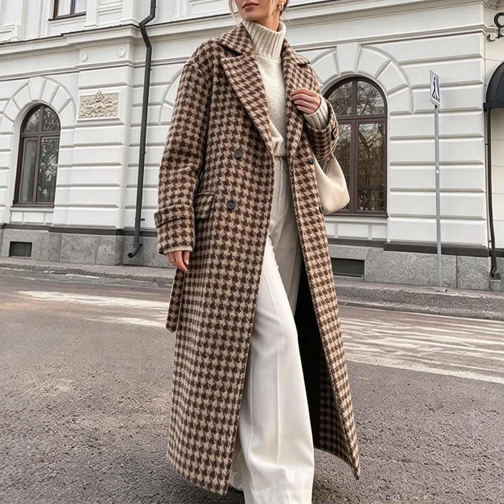 Houndstooth Wool Blend Belted Oversized Longline Coat - Khaki