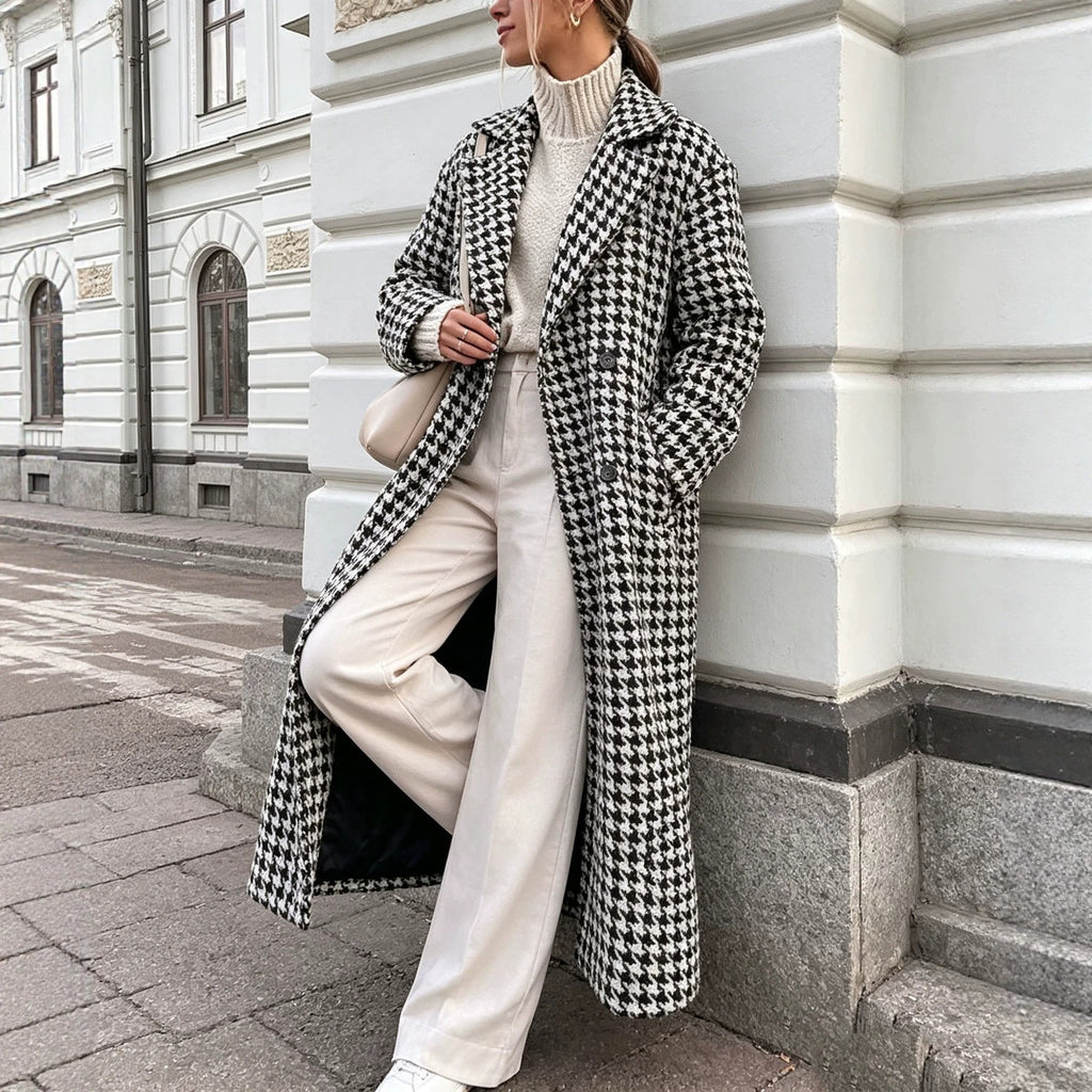 Houndstooth Wool Blend Belted Oversized Longline Coat