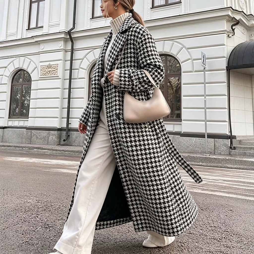 Houndstooth Wool Blend Belted Oversized Longline Coat