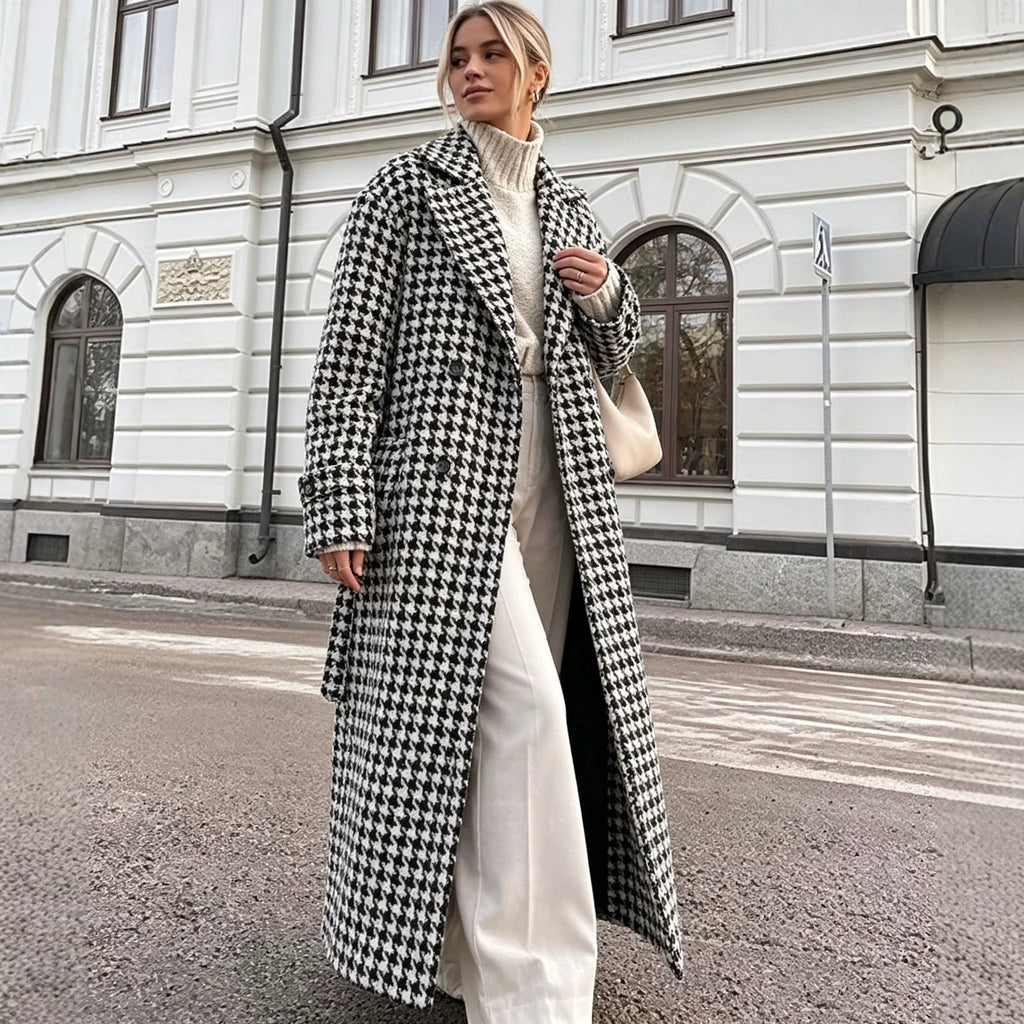 Houndstooth Wool Blend Belted Oversized Longline Coat