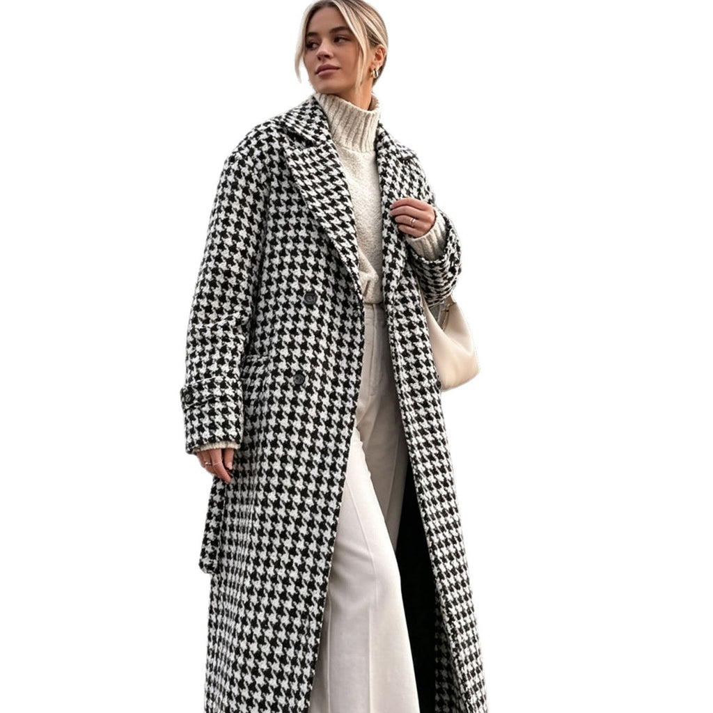 Houndstooth Wool Blend Belted Oversized Longline Coat