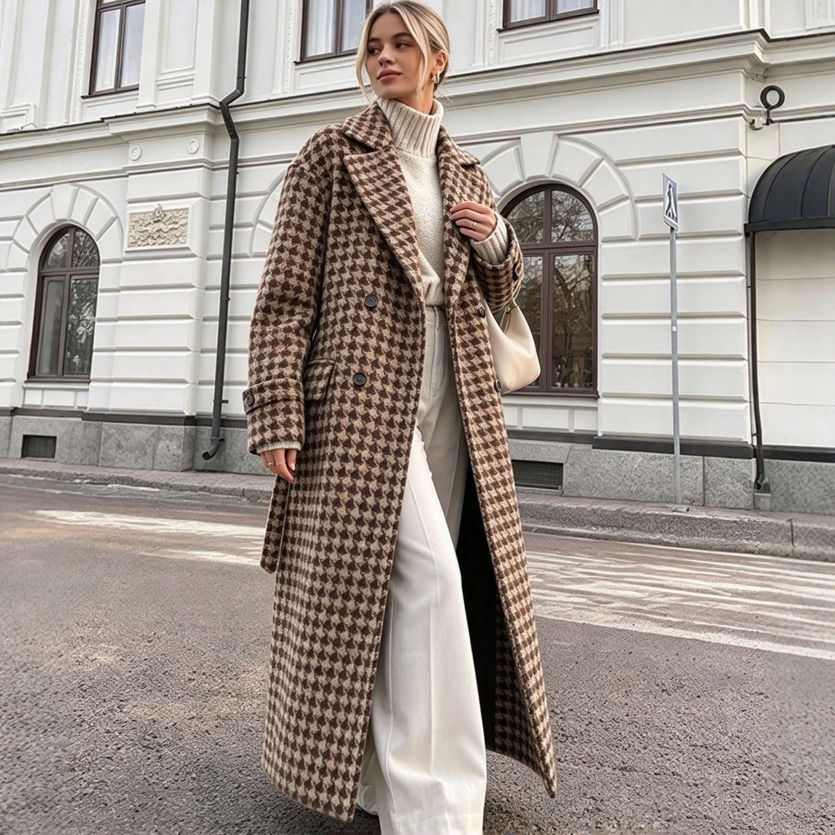 Houndstooth Wool Blend Belted Oversized Longline Coat