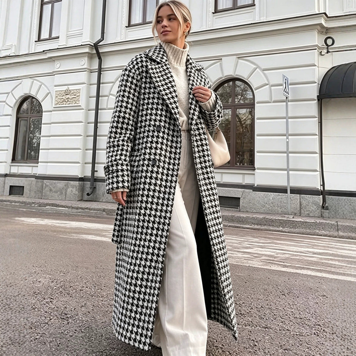 Houndstooth Wool Blend Belted Oversized Longline Coat