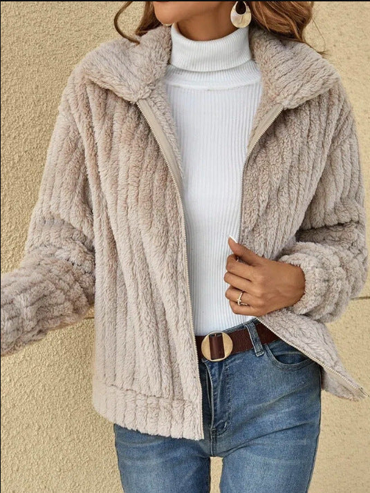 Ribbed Fuzzy Fleece Collared Zip Jacket - Beige