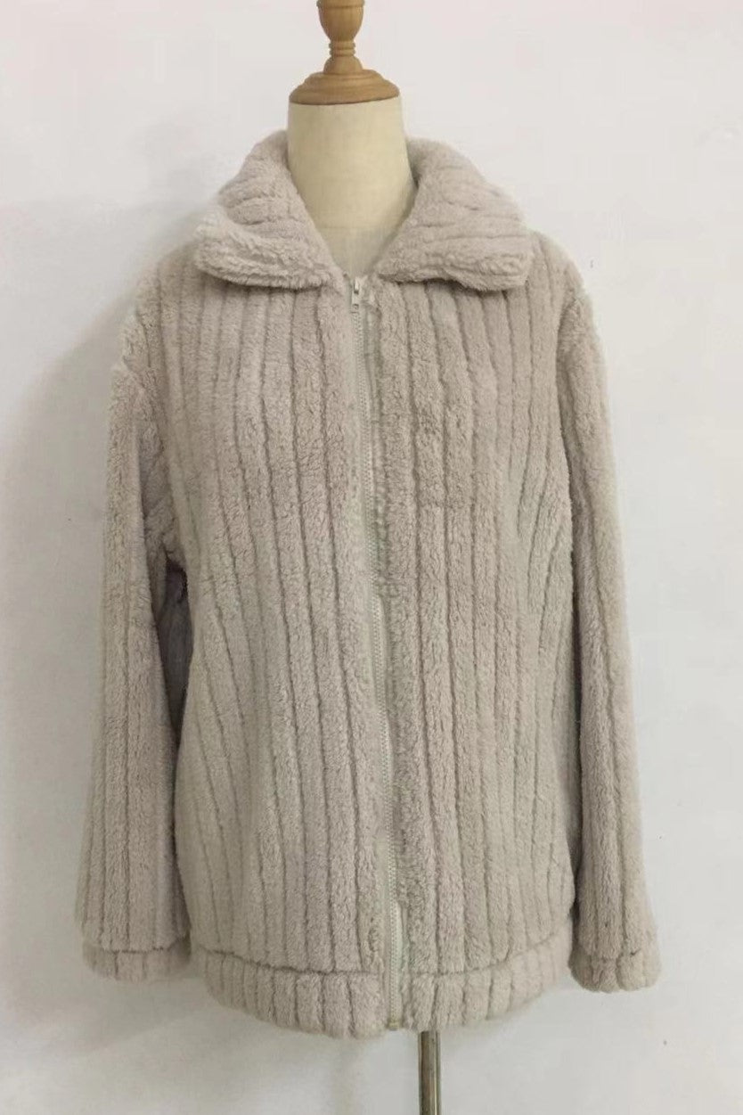 Ribbed Fuzzy Fleece Collared Zip Jacket - Beige - 1