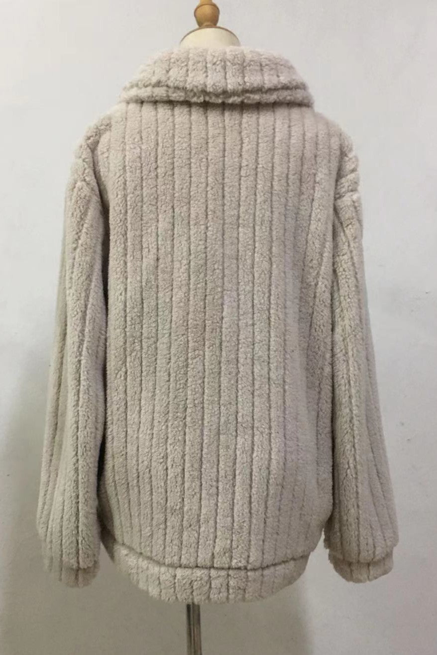 Ribbed Fuzzy Fleece Collared Zip Jacket - Beige - 2
