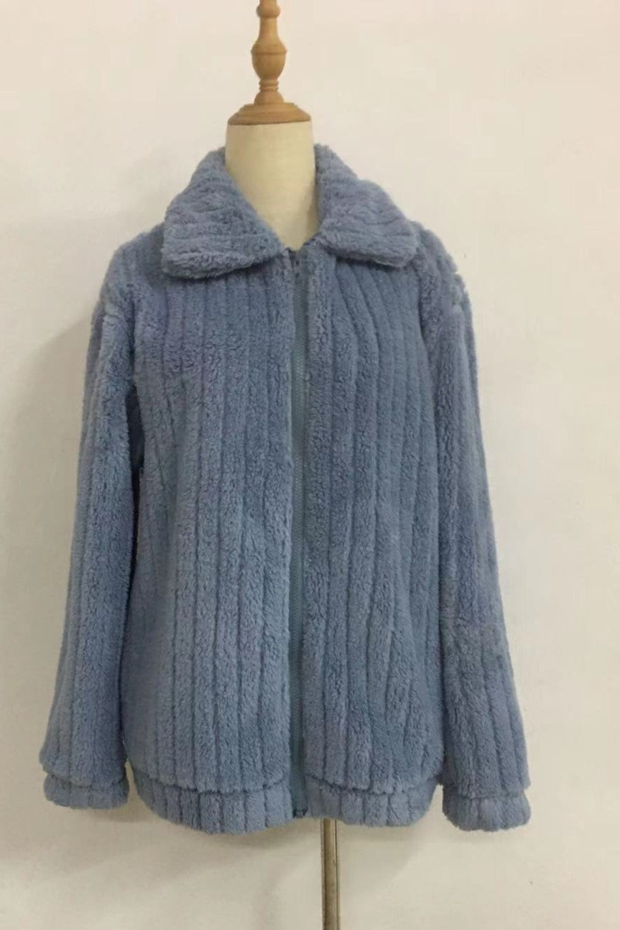 Ribbed Fuzzy Fleece Collared Zip Jacket - Blue - 1