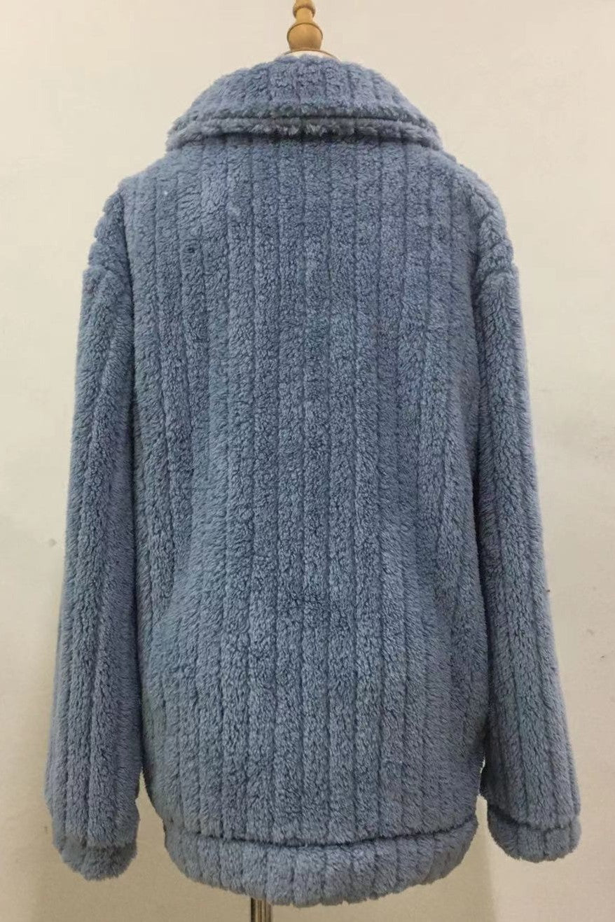 Ribbed Fuzzy Fleece Collared Zip Jacket - Blue - 2
